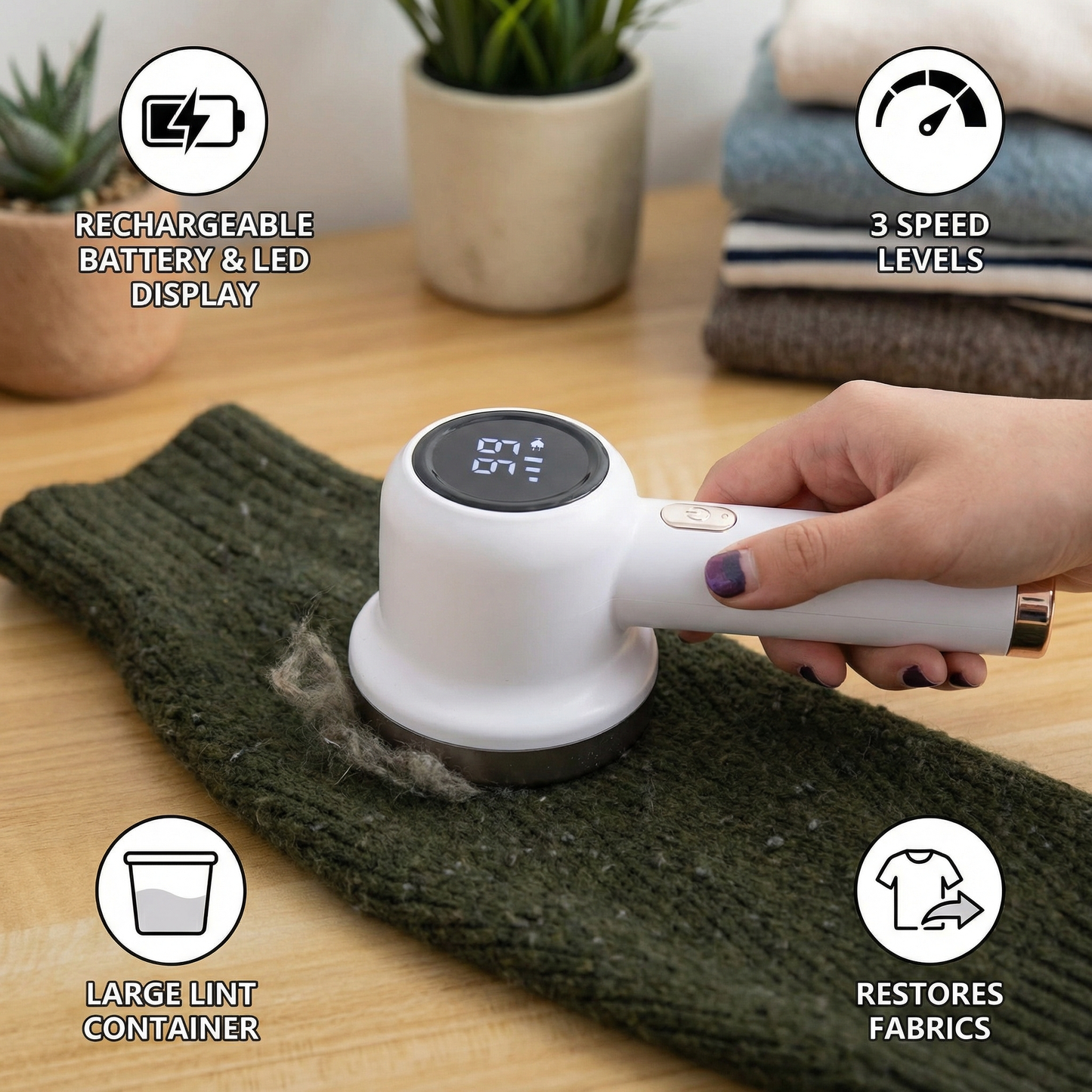 Electric Lint Remover with LED Display – Rechargeable Fabric Shaver with 3 Speed Levels & Large Lint Container