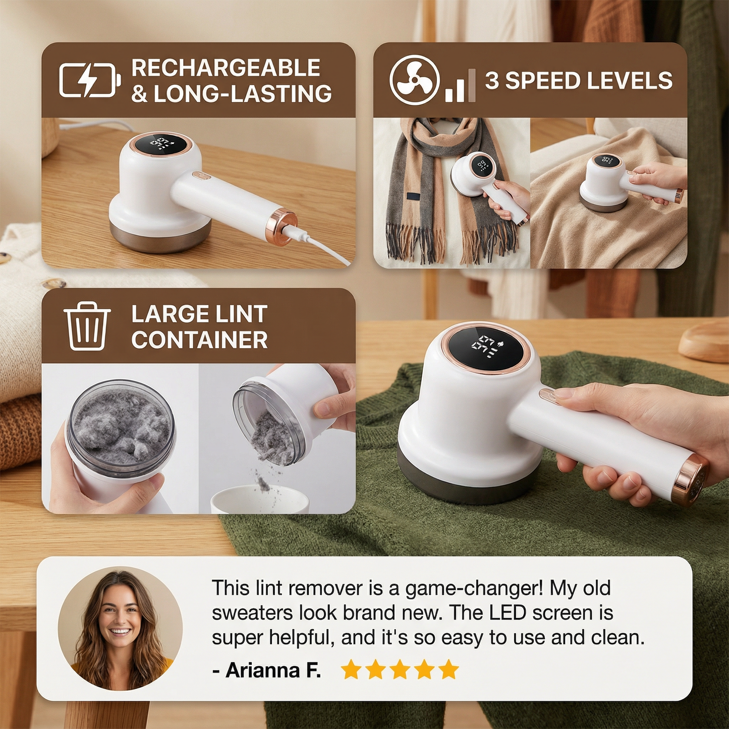Electric Lint Remover with LED Display – Rechargeable Fabric Shaver with 3 Speed Levels & Large Lint Container